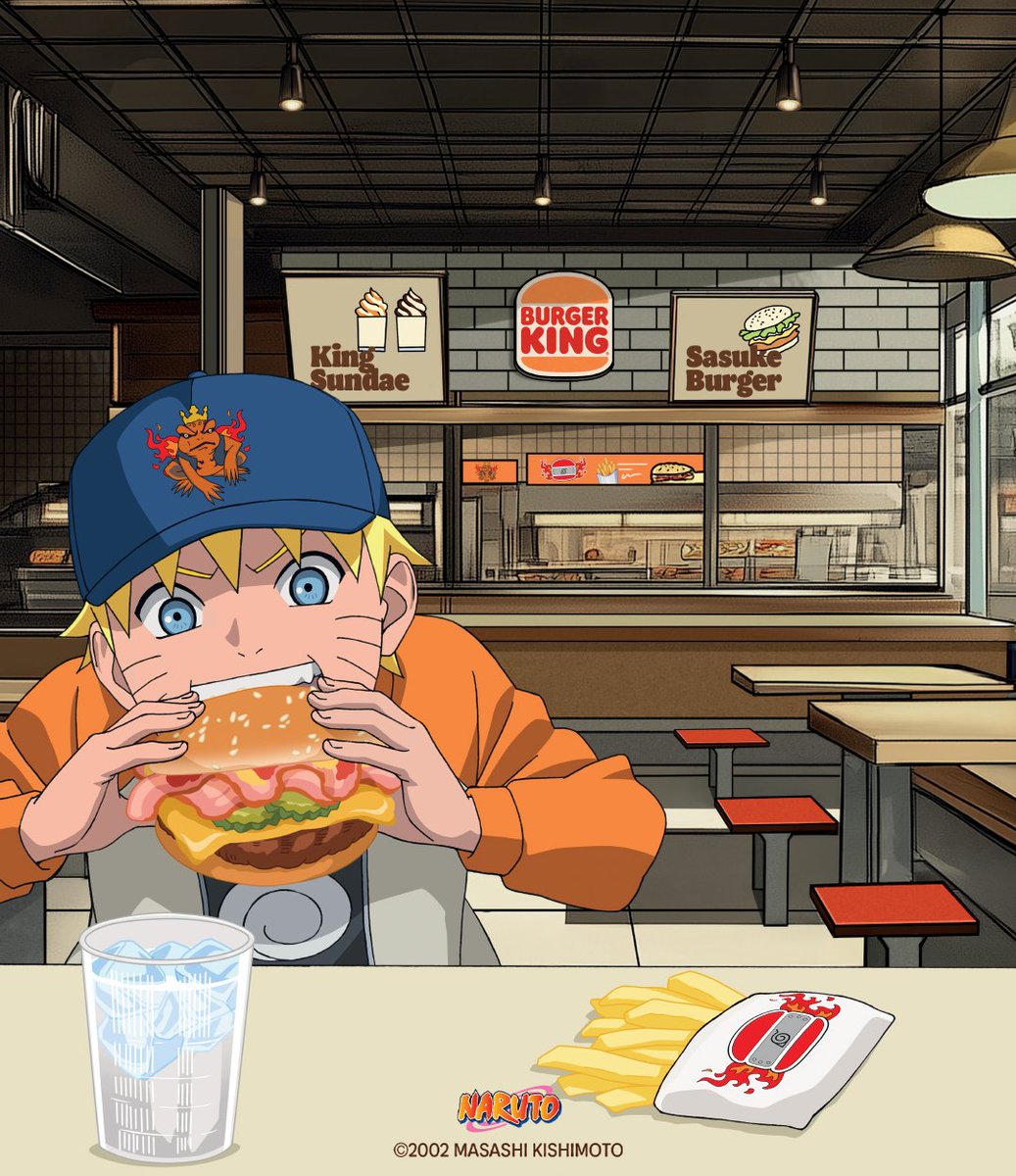 Naruto mange un gros burger dans un restaurant Burger King, assis à une table avec des frites et un soda. En arrière-plan, des panneaux affichent les menus King Sundae et Sasuke Burger.