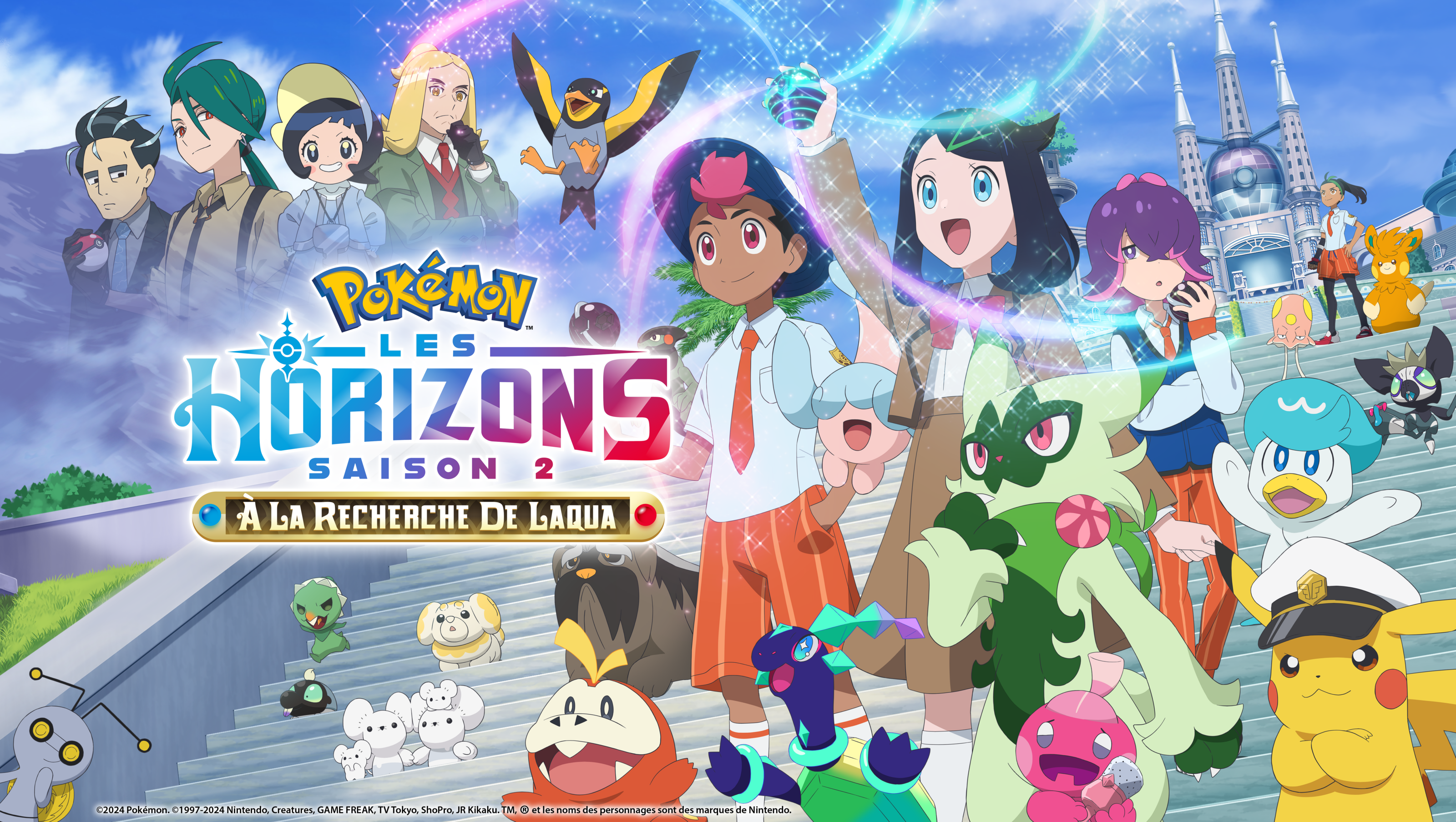 Affiche promotionnelle de Pokémon Les Horizons Saison 2 : À la recherche de Laqua, avec les personnages principaux Liko et Rhod entourés de leurs Pokémon, sur fond de paysage urbain et montagneux.