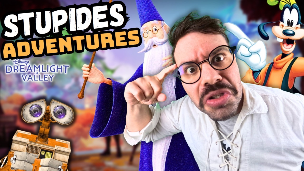 Falmo fait une grimace exagérée devant Merlin, Dingo et Wall-E dans une miniature colorée du jeu Disney Dreamlight Valley avec le titre Stupides Adventures